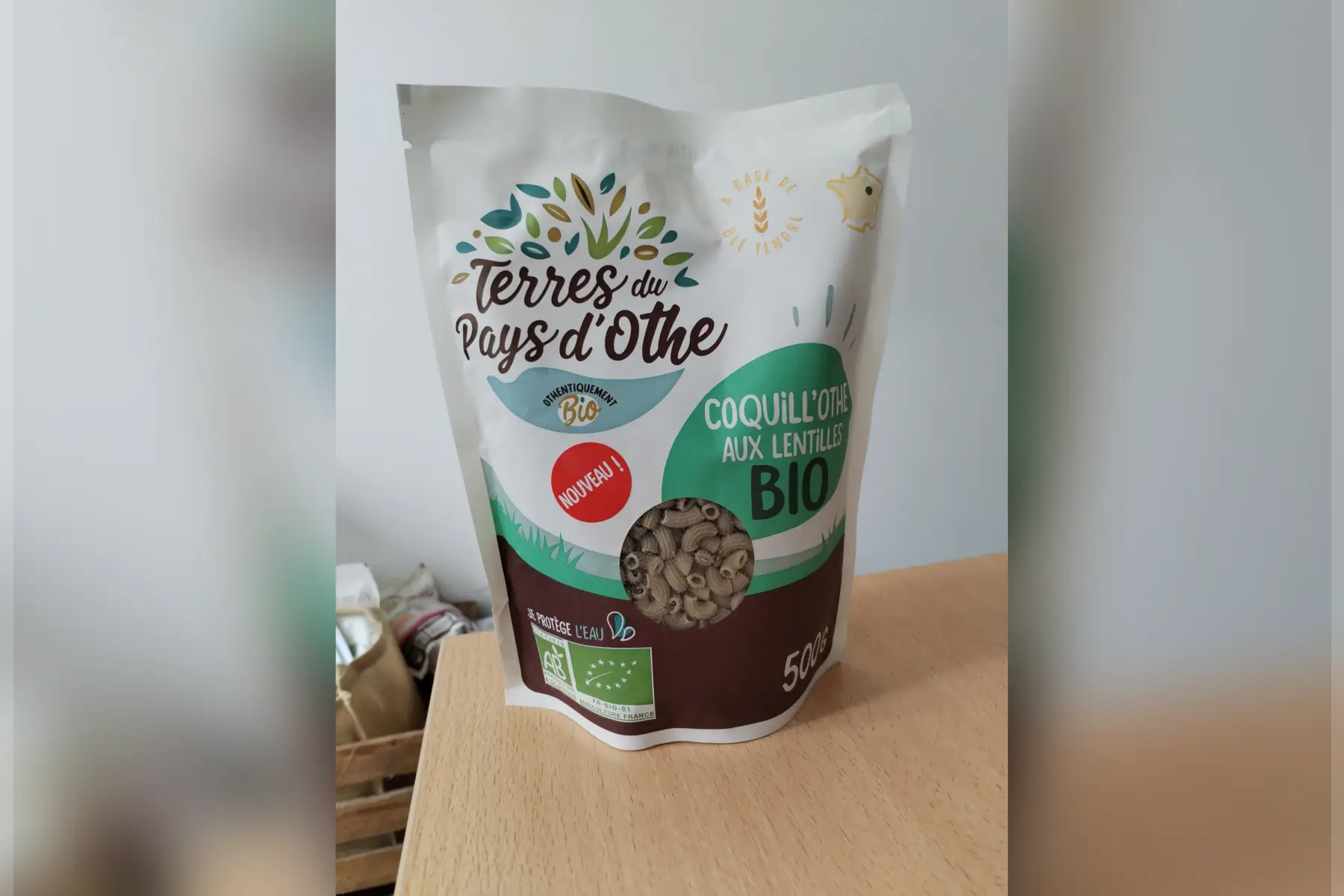 Pâtes Coquill'Othe 500g, 70% blé tendre T65 et 30% lentilles vertes Bio