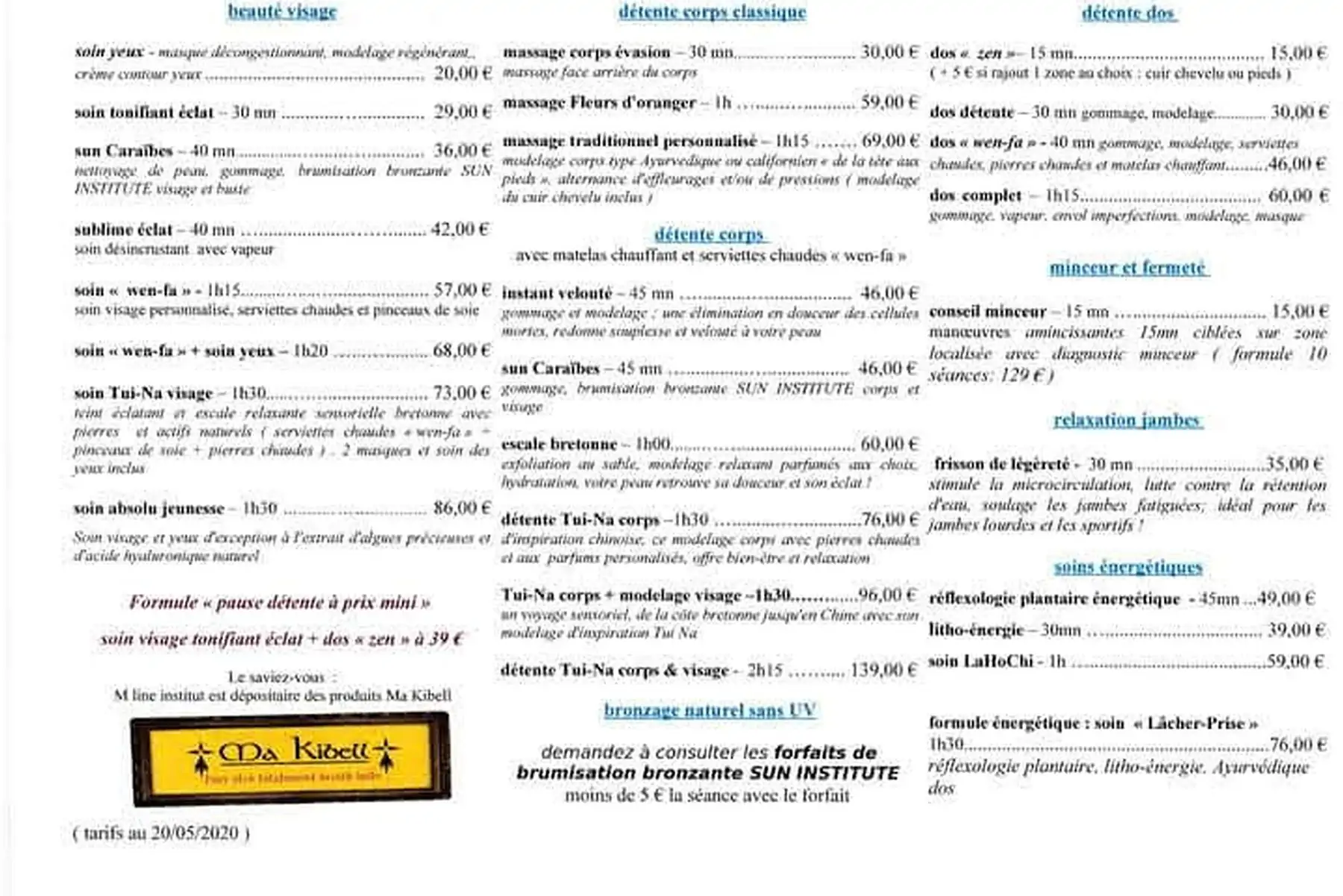 tarifs : soins visages/massages corps dès 15€