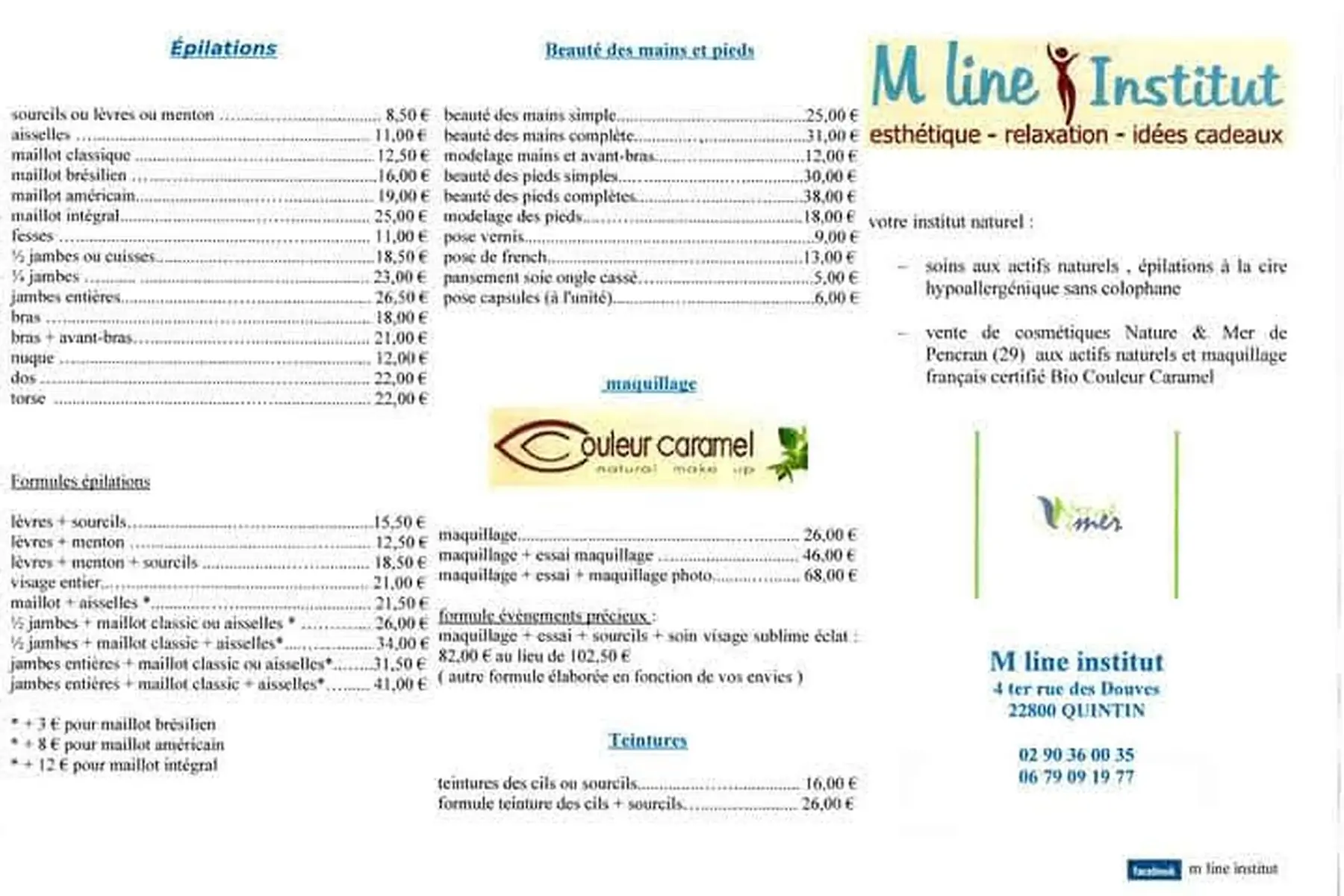 tarifs : épilations, maquillages...dès 8,50€