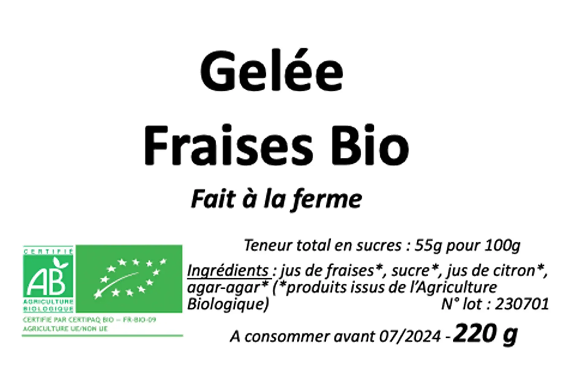 gelée de fraises bio (pot de 220 g)